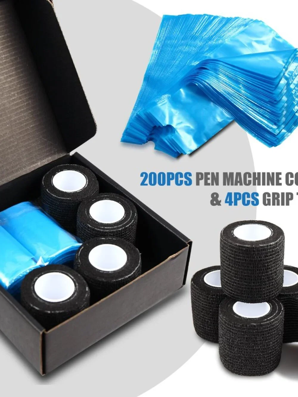 Pen Machine Covers and Grip Tapes 200pcs Tattoo Machine Covers with 4pcs Grip Wr